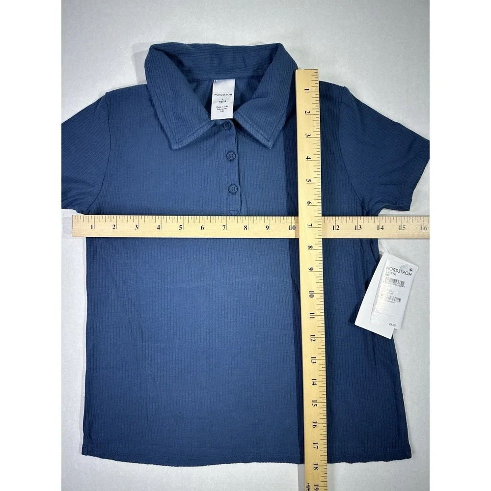 Nordstrom Kids Polo Shirt Navy Blue Ribbed Short Sleeve Top Size L 10/12‎ NWT